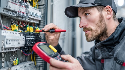 An electrician carefully working on electrical components, using tools to inspect wiring
