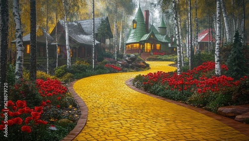Yellow brick road winds through fairytale village