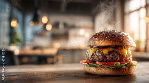 Delicious burger on a wooden table in a cozy kitchen setting