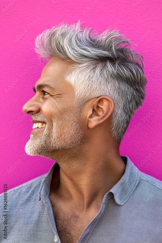 Fototapeta premium Fashionable men's two-block cut haircut - midlife indian man with short hair. Idea of style for aging men. Pink solid background. A middle-aged man looking happy and relaxed.