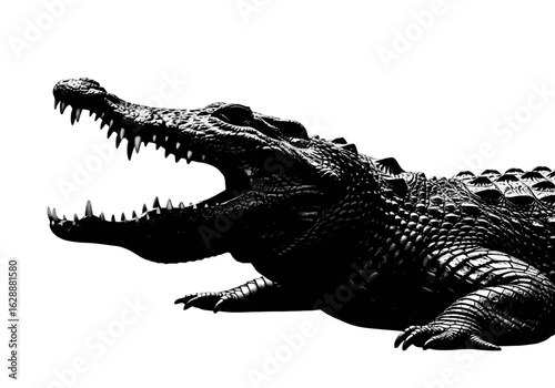 Silhouette of a large crocodile with its jaws wide open, showing teeth.