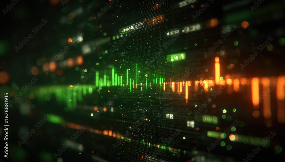 Naklejka premium Abstract digital data stream with green and orange highlights