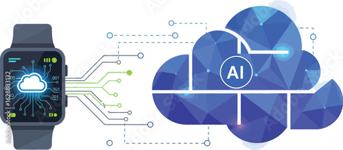A smartwatch displaying a cloud icon connected to a larger ai cloud illustration on a light background