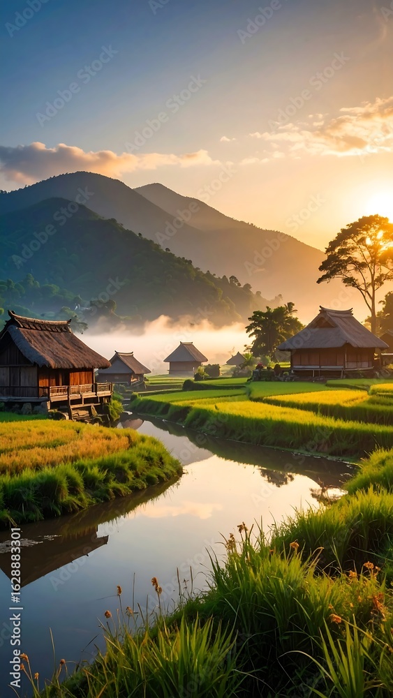 Fototapeta premium Tranquil mountain village at dawn