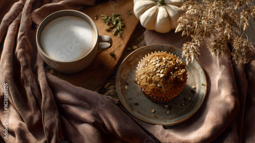 Cozy autumn breakfast with a muffin and hot drink. Warm colors and textures create a relaxing scene.