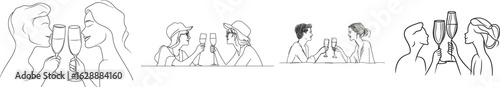 In a modern drawing, a continuous line is used to illustrate a couple drinking wine, embodying the romance of a date, particularly on Valentine's Day