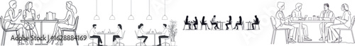 Continuous line drawing modern illustration of a business team meeting and friends socializing in a cafe