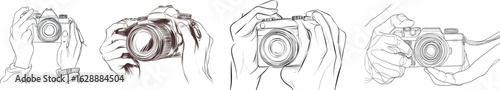 In a modern and minimalist style, a continuous line drawing illustrates a finger holding a digital SLR camera, intended for professionals in the fields of photography and videography, emphasizing