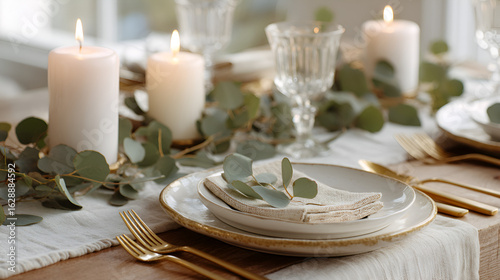 Elegant Table Setting with Candles and Greenery for Special Occasions, Ready for Guests, Warm and Inviting