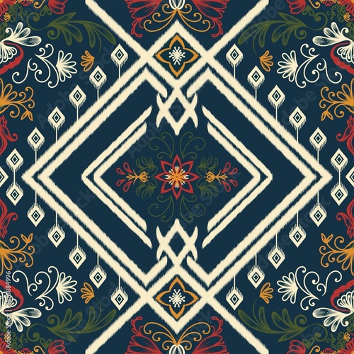 Moroccan geometric floral fabric pattern for home decor, pillows, fabrics, and curtains. This seamless Moroccan design merges vibrant ethnic motifs with ornamental stripes in boho-chic Moroccan style.