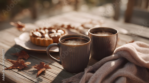 Autumn Still Life: Coffee, Tart, and Cozy Blanket on Wooden Table Surrounded by Fallen Leaves