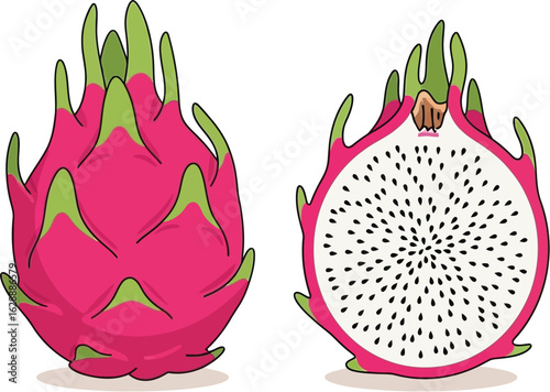 A vibrant illustration of a whole and halved pink dragon fruit, showcasing its unique texture and seeds.