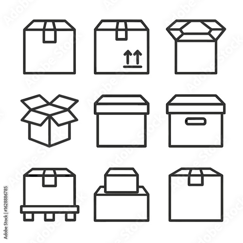 Minimal contour cargo icons set collection line box stroke vector symbol outline