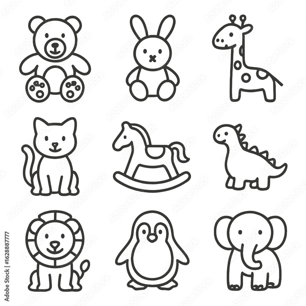 Fototapeta premium Contour icon outline line collection icons toys stroke vector set animal symbol
