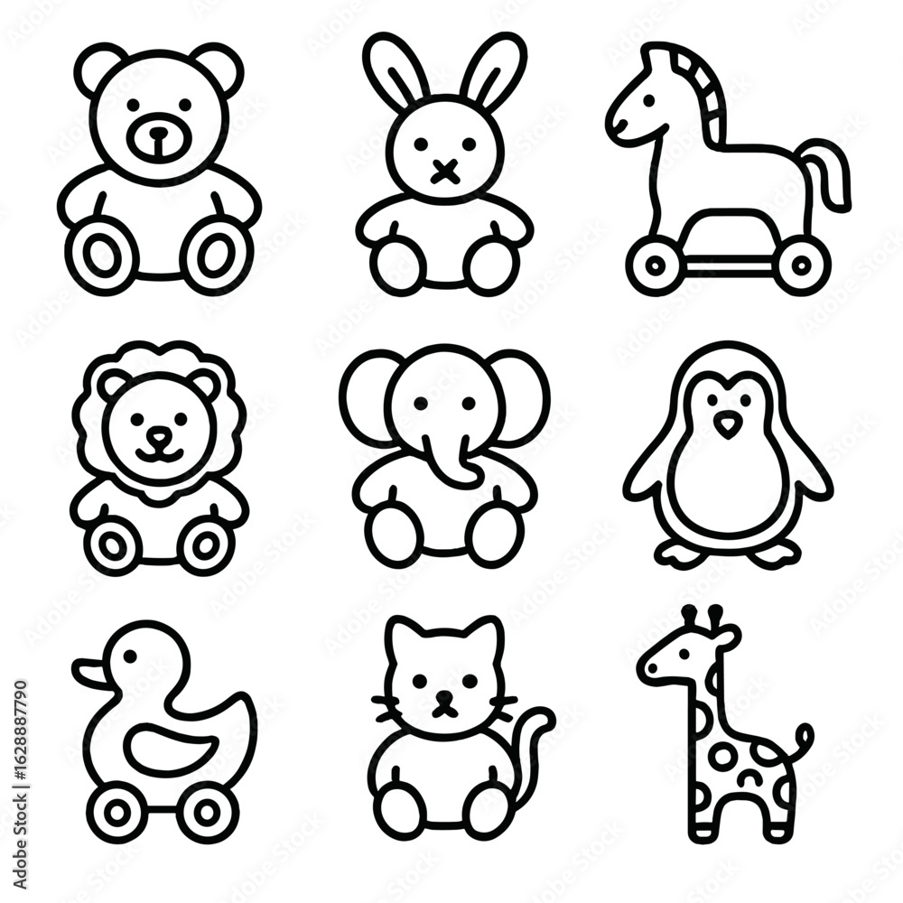 Fototapeta premium Set toy vector minimal icons animal icon symbol stroke collection contour outline