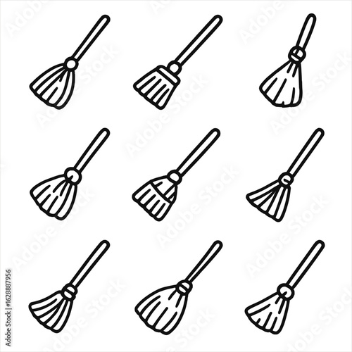 Fashioned contour set old collection icon minimal stroke line brooms vector outline