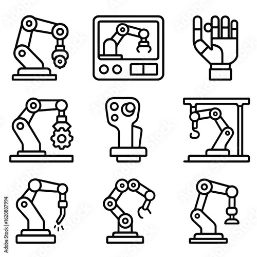 Arm bionic control robotic robot factory assembling suction icons icon vector
