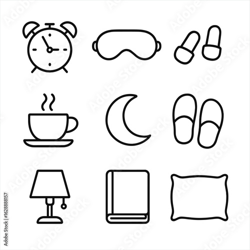 Sleep alarm book cup icon closed free mask tech vector slippers tea