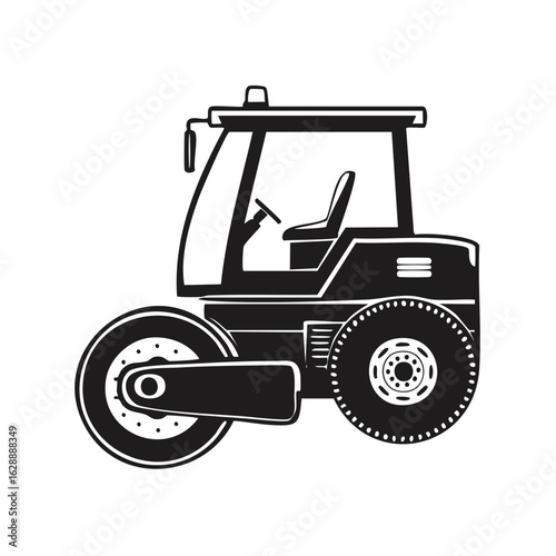 Heavy duty asphalt compactor road roller vehicle black and white graphic icon