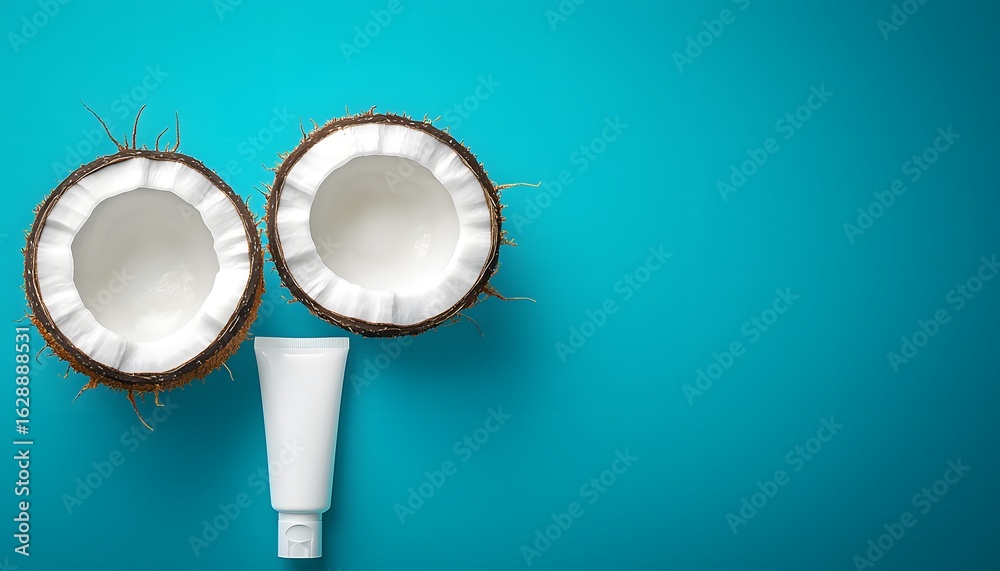 Fototapeta premium Fresh coconut halves and a white skincare tube on a vibrant blue background, top view with copy space