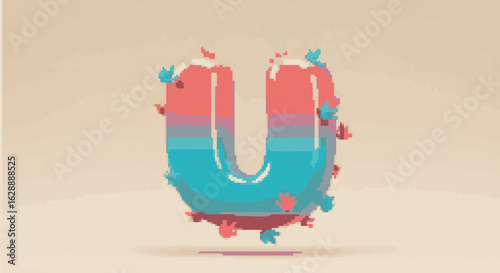 Creative 3D alpha font character U. A decorative initial with colorful stripes, glossy texture, and whimsical flying birds.