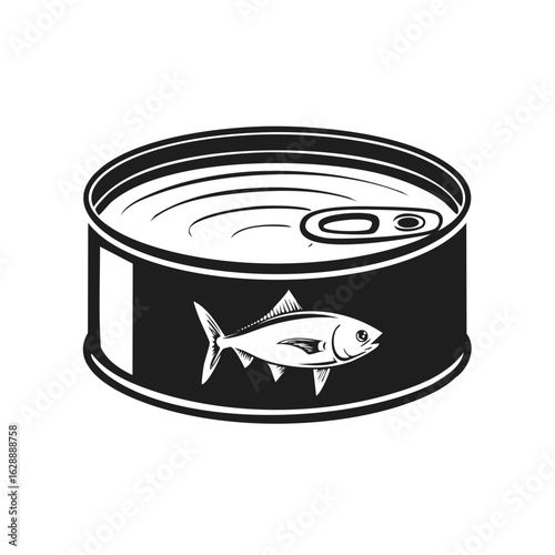 Black and white vector illustration of a canned tuna with an emblem design.