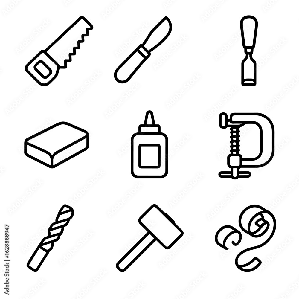 Obraz premium Icons tools knife wood vector glue woodcraft bottle chisel carving mallet icon