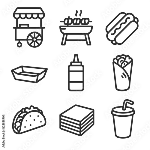Food tray condiment bottle street dog vector icon wrap handheld grill cup