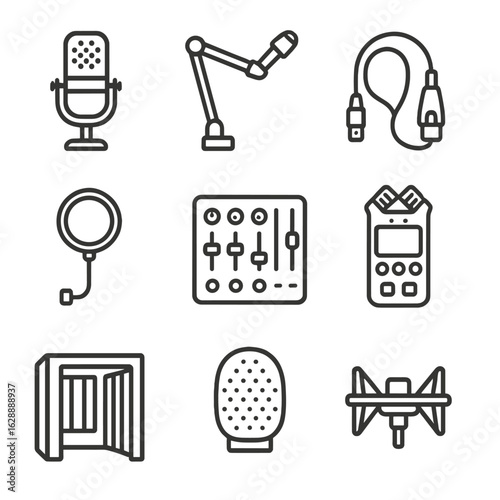 Vector icons microphone gear sound cable audio condenser shock booth windscreen icon