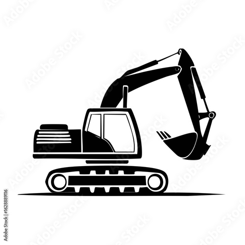 Black silhouette of an excavator digging on white background