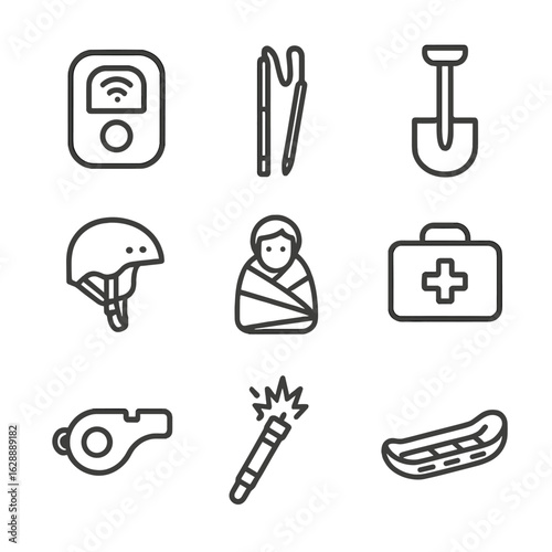 Emergency icon kit sled icons safety snow blanket probe vector first avalanche