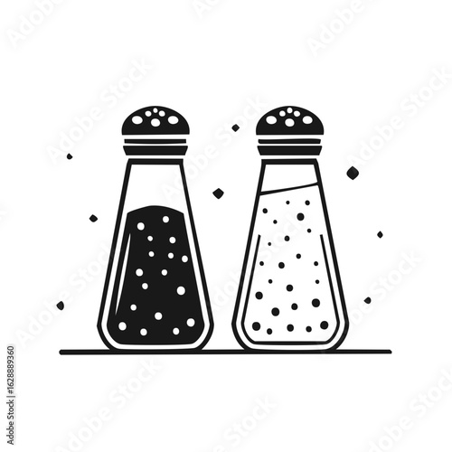 Salt and pepper shakers illustrated with decorative dots, food seasoning.