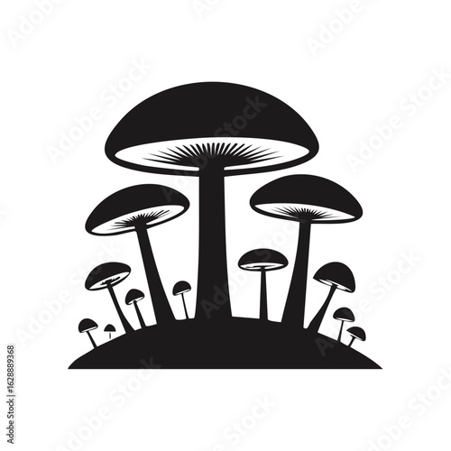 Black silhouette of various mushrooms growing on a slight incline
