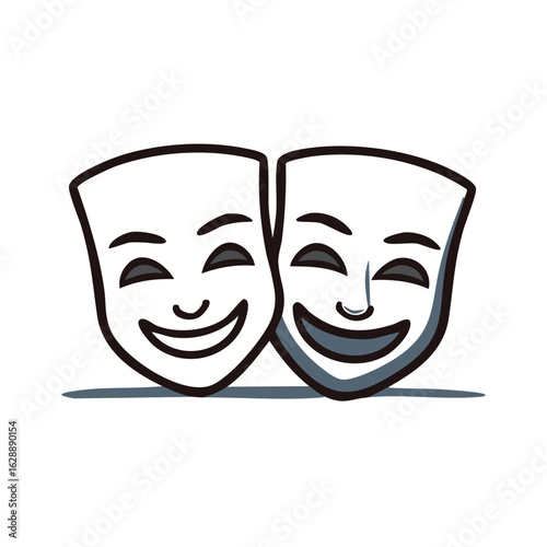 Stylized theatrical masks illustration of comedy and tragedy, stage performance and acting, culture symbol concept.