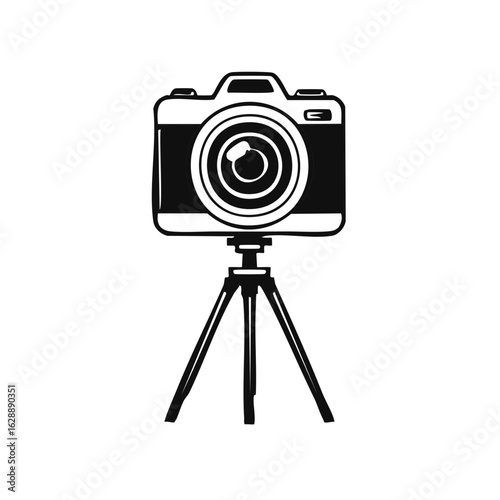 Camera on Tripod, Digital Photo Equipment, Photography tool, Black and white drawing