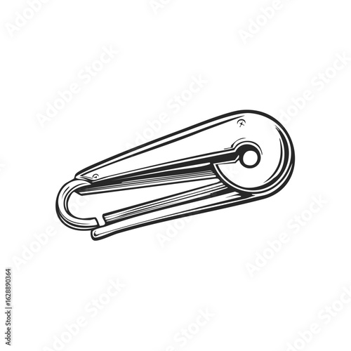 Illustration of a metal carabiner clip with a spring gate for outdoor sports and climbing