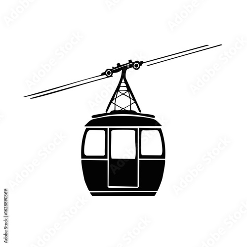 Black and white icon of a ski lift gondola moving on cables