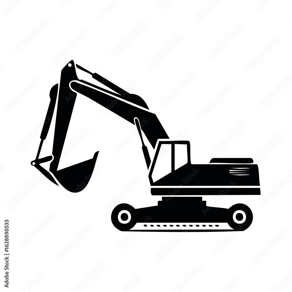 Naklejka premium Black silhouette of an excavator digging with its bucket extended, showing its tracks and cabin