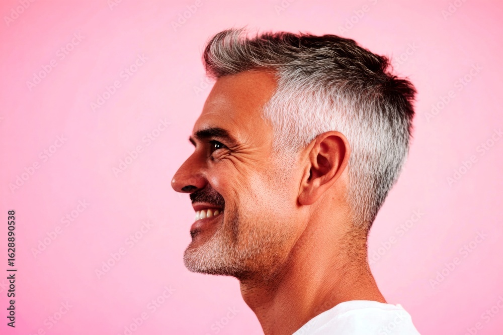 Fototapeta premium Concept art of style for aging men. Fashionable men's textured crop haircut - midlife arabian man with short hair. Pink solid background. A midlife man posing for a portrait.