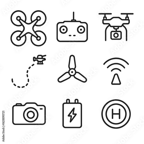 Icon aerial takeoff signal drone controller set vector pack propeller camera