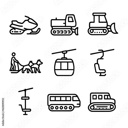 Vector snow bus snowcat icons chairlift car tracked team ski transport icon