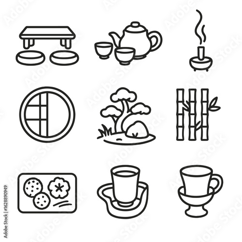Teacup garden bamboo vector tea ware screen icon view peaceful traditional incense