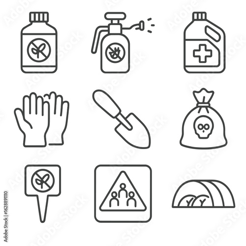 Fungicide disease control sprayer vector disposal isolation icons solution disinfecting plant bottle