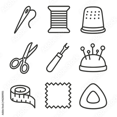 Icon grid cushion tape sewing chalk scissors measuring vector icons thread spool