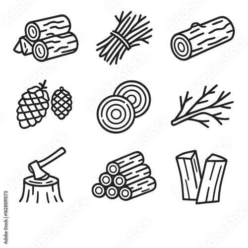 Sawed branches wood bundle set vector split stump icon firewood chopped stacked