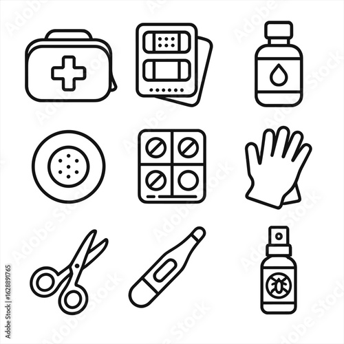 Sickness thermometer pouch travel motion gloves sanitizer vector repellent icon disposable aid
