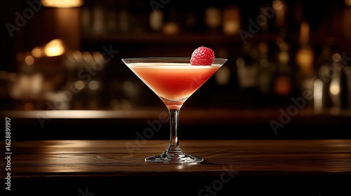 A vibrant reddish-pink cocktail, garnished with a fresh raspberry, presented in a martini glass on a bar top