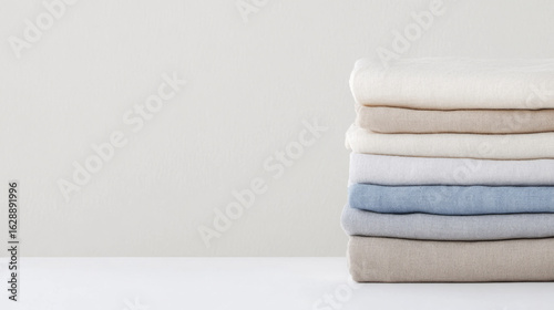 Minimalist linen bedding aesthetic with stack of folded linens for interior design and home decor inspiration