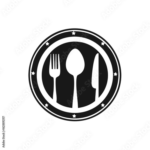 Restaurant Icon: Fork, Spoon, and Knife Silhouette in Circle, Stars