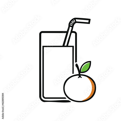 Line art illustration of fresh orange juice in a glass with a straw next to a whole orange